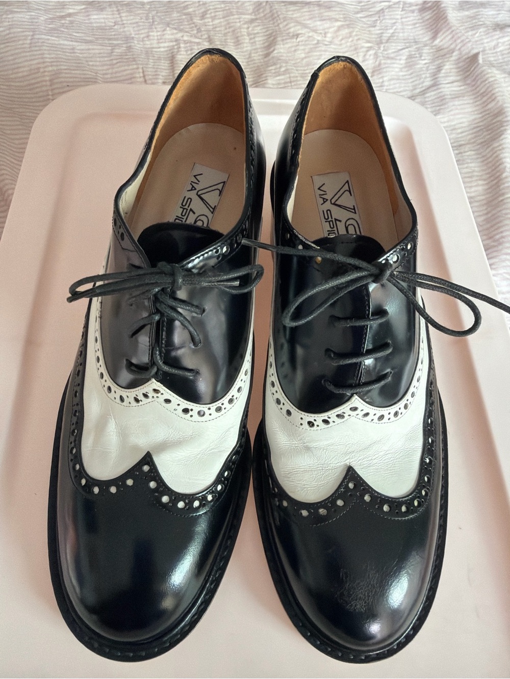 Vintage Via Spiga Black and White Two-Tone Wingtip Oxfords